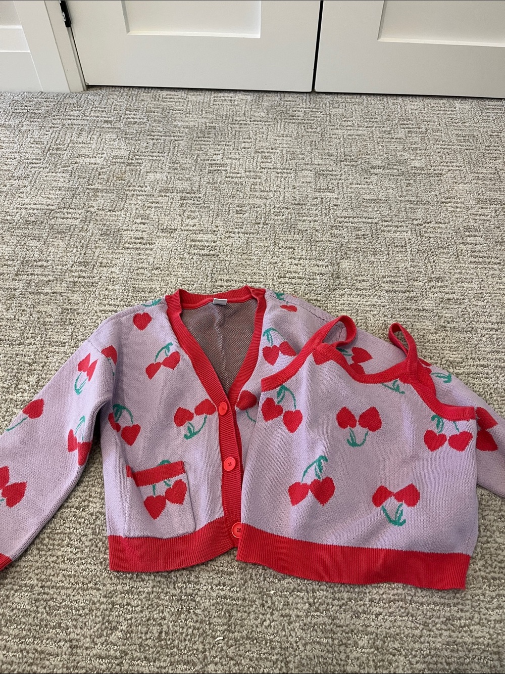Girls Size S (6/7) Cherry Print Pink & Red Knit Cardigan and Tank Set